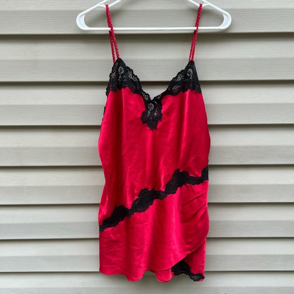 Vintage Victorias Secret L gold label red satin lace slip dress coquette siren